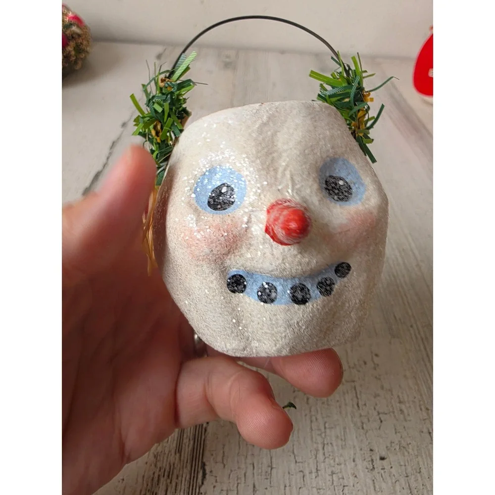 Vintage paper mache snowman mini basket glitter shabby chic unique container
